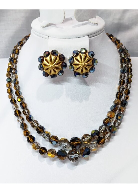 Trifari Jewelry - Vintage 1950s Signed Crown Trifari Gold Tone Aurora Borealis Necklace Earrings